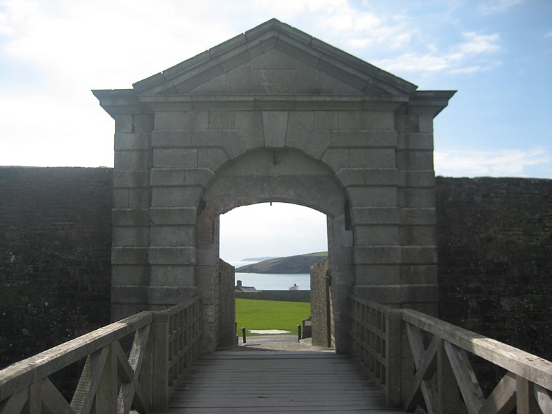 An image of the entrance to Charles fort. The doors are open and are looking out over the bay of Kinsale.